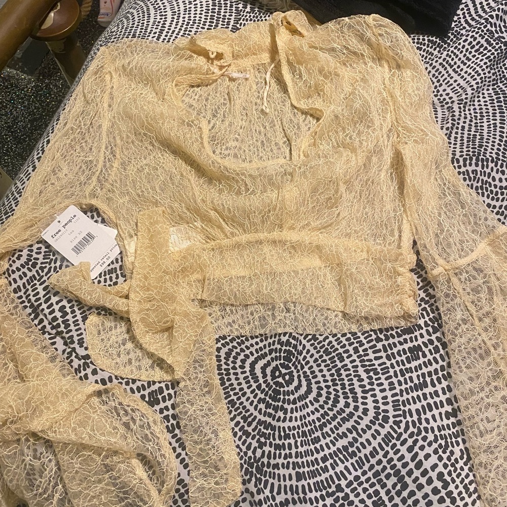 Free people mesh floral lace pilgrim shirt collard
